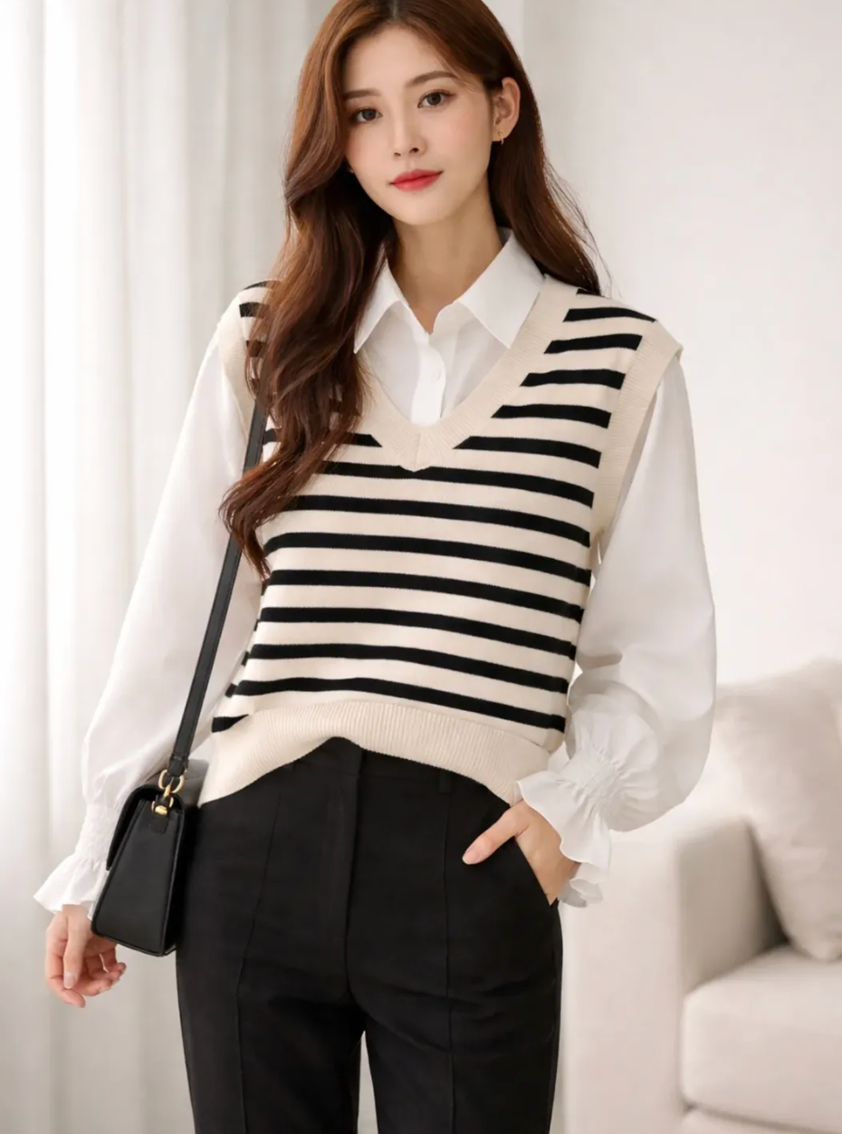 Blusa Gola V Listrada Com Colete E Cinto Inverno S1518 M G GG*Pacote: 60 R$