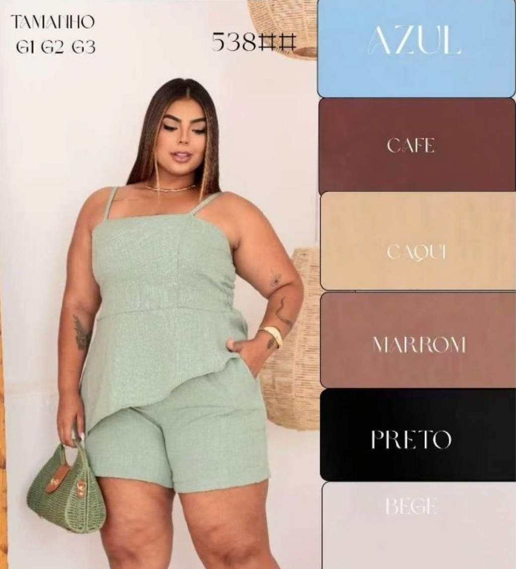 Conjunto Blusa e Short Assimétrico Plus Size com Alça Regulável Twill FF-CON-005-CSS-538 *Pacote: R$ 65 *Atacado: R$ 80