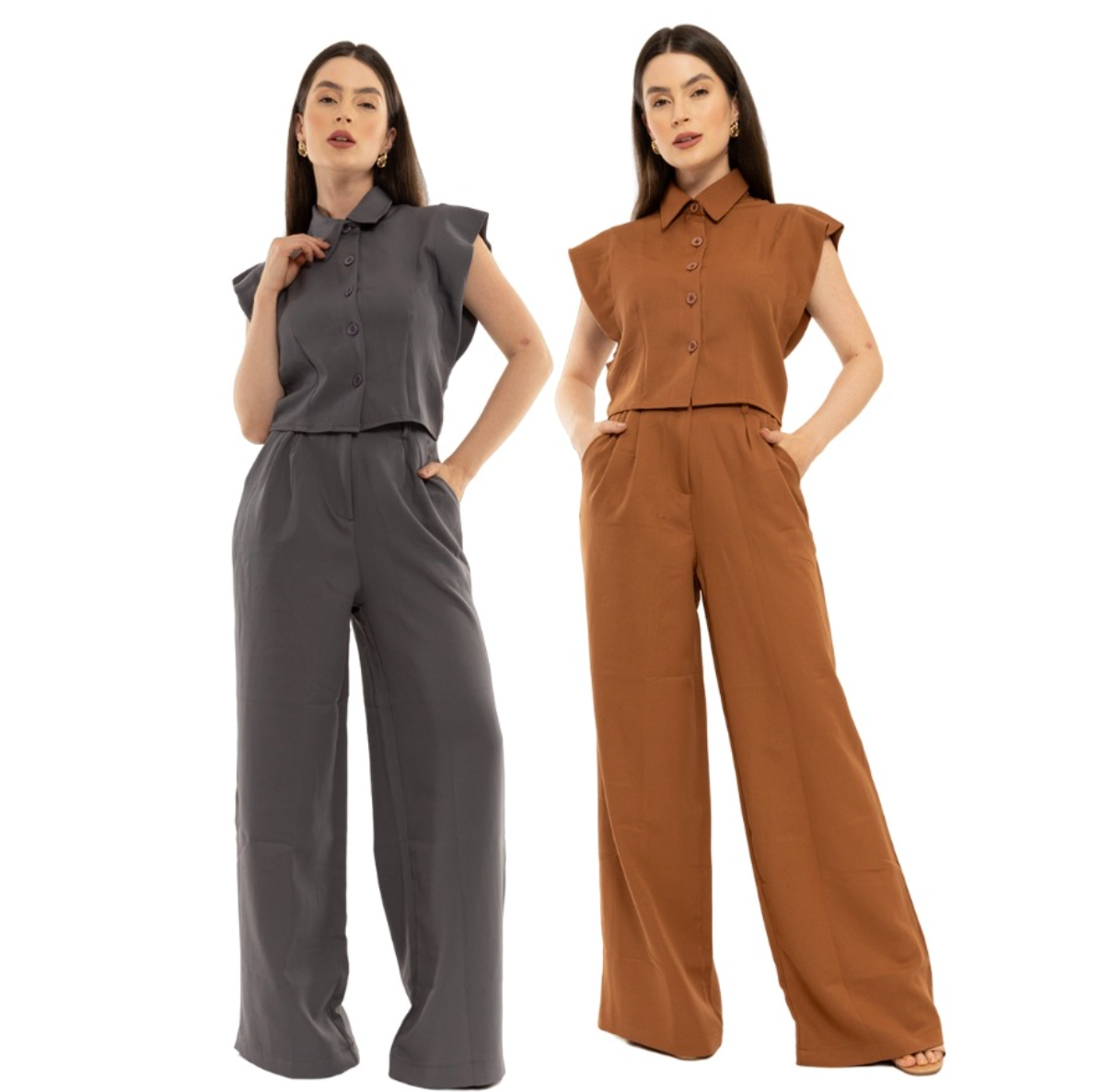 Conjunto Top com Botões e Calça Pantalona Alfaiataria Premium FF-CON-018-HBD-054 *Pacote: R$ 90 *Atacado: R$ 110