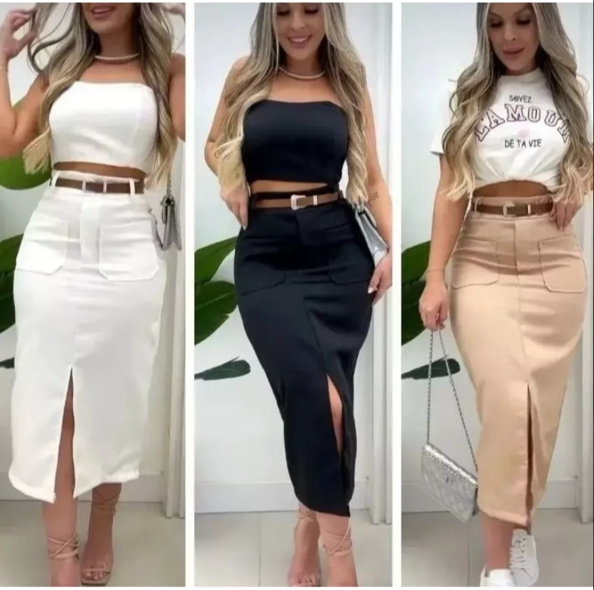 Saia Fenda com Bolso Alfaiataria Premium * Cor Promoção :R$ 30,00