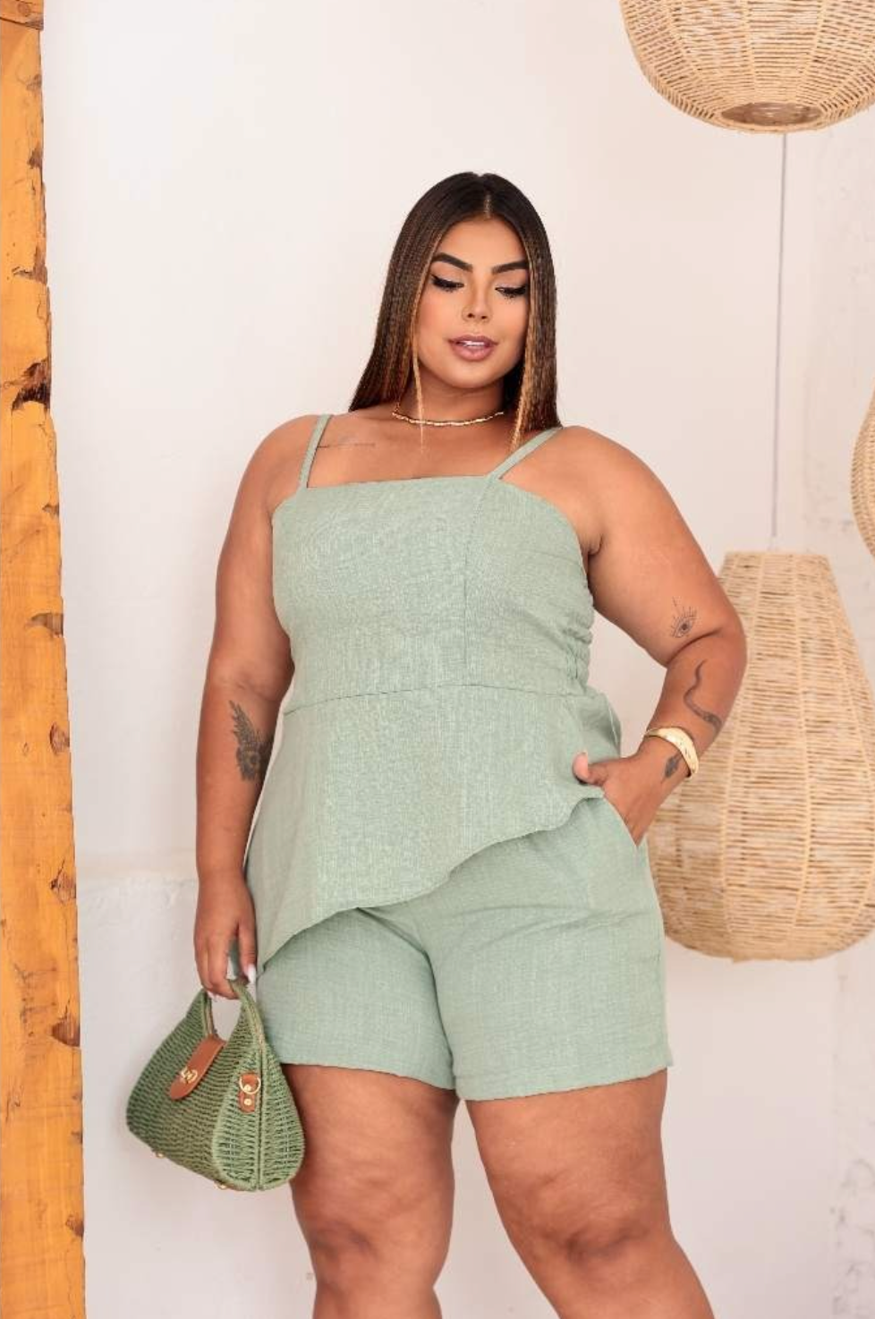 Conjunto Blusa e Short Assimétrico Plus Size com Alça Regulável Twill FF-CON-005-CSS-538 *Pacote: R$ 65 *Atacado: R$ 80