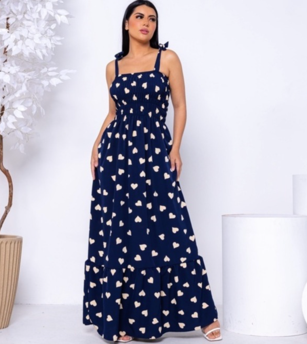 Vestido Longo Alça Coração Crepinho FF-VES-010 *Pacote: R$ 50 *Atacado: R$ 55