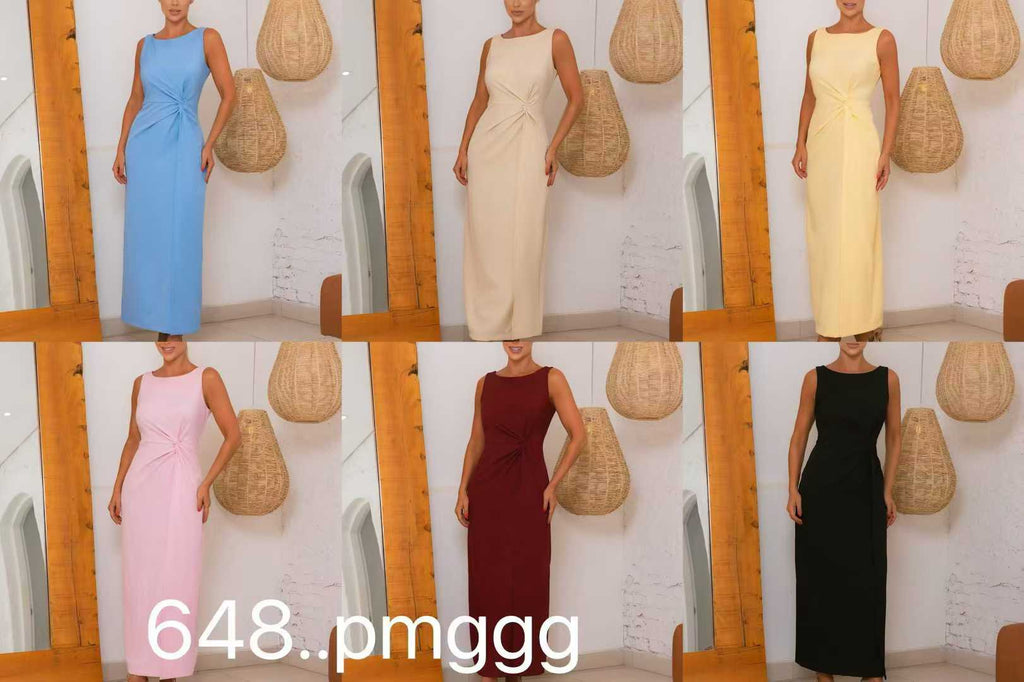 Vestido Longo Twill com Nó P M G GG XY-648 *Pacote: 60 R$ *Atacado: R$ 70