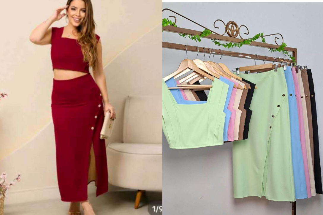 Conjunto Cropped e Saia xy-631 *Pacote: R$ 70 *Atacado: R$ 90