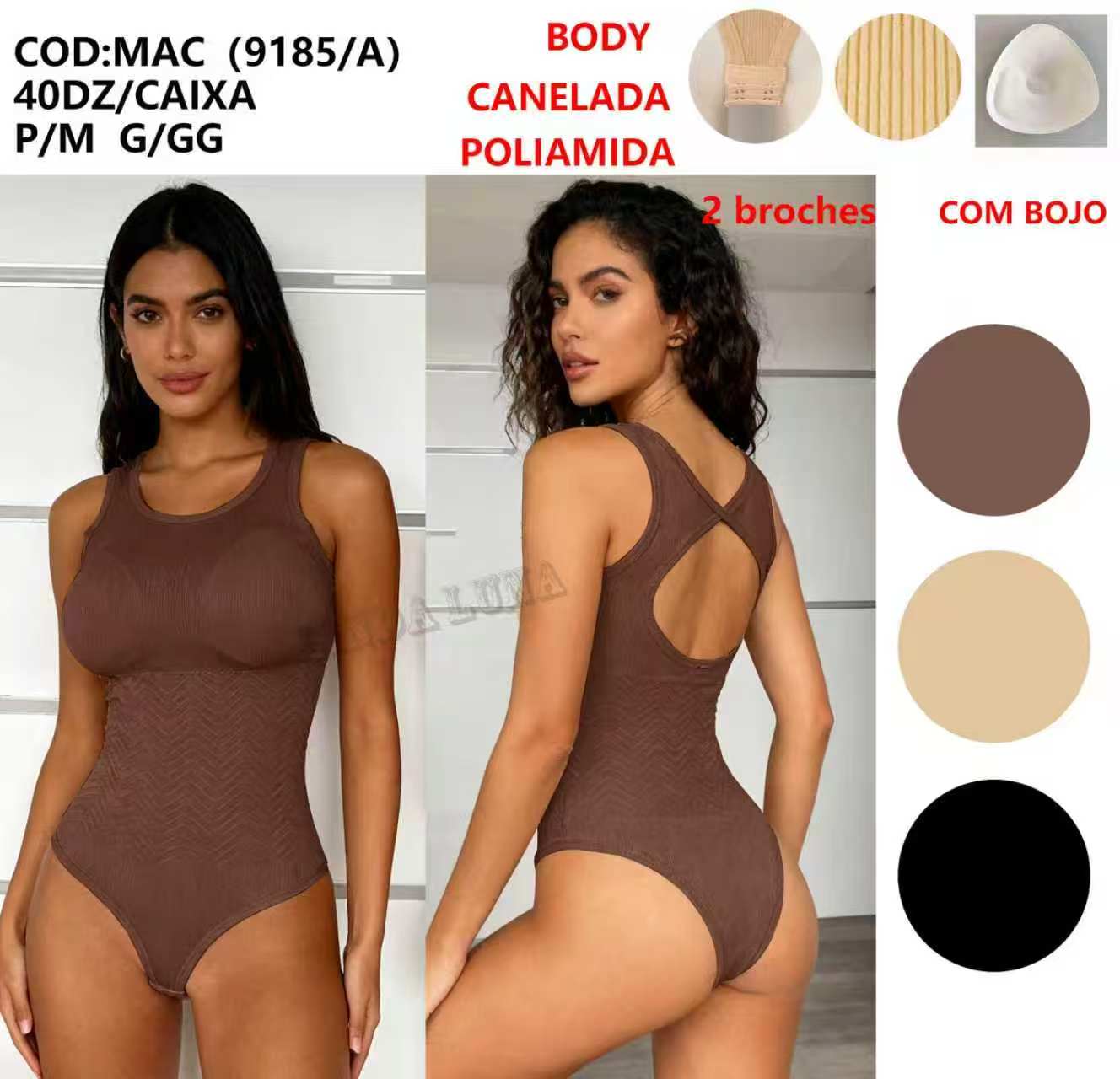 Body Canelada 2 Broches Com Bojo Poliamida Academia P/M G/GG MAC (9185/A) *Pacote: 30 R$