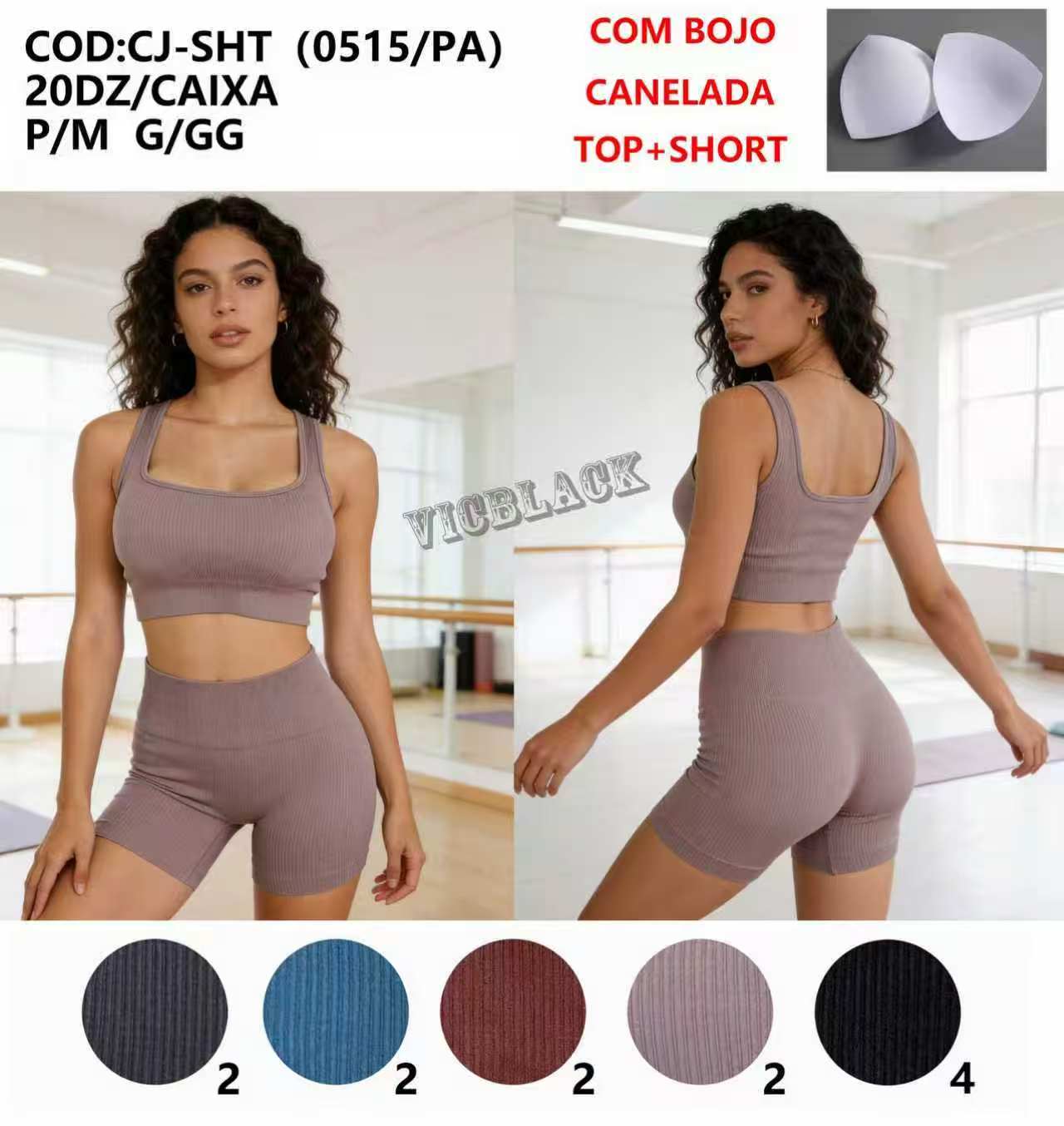 Top+Short Com Bojo Canelada Academia P/M G/GG CJ -SHT(0515/PA) *Pacote: 50 R$