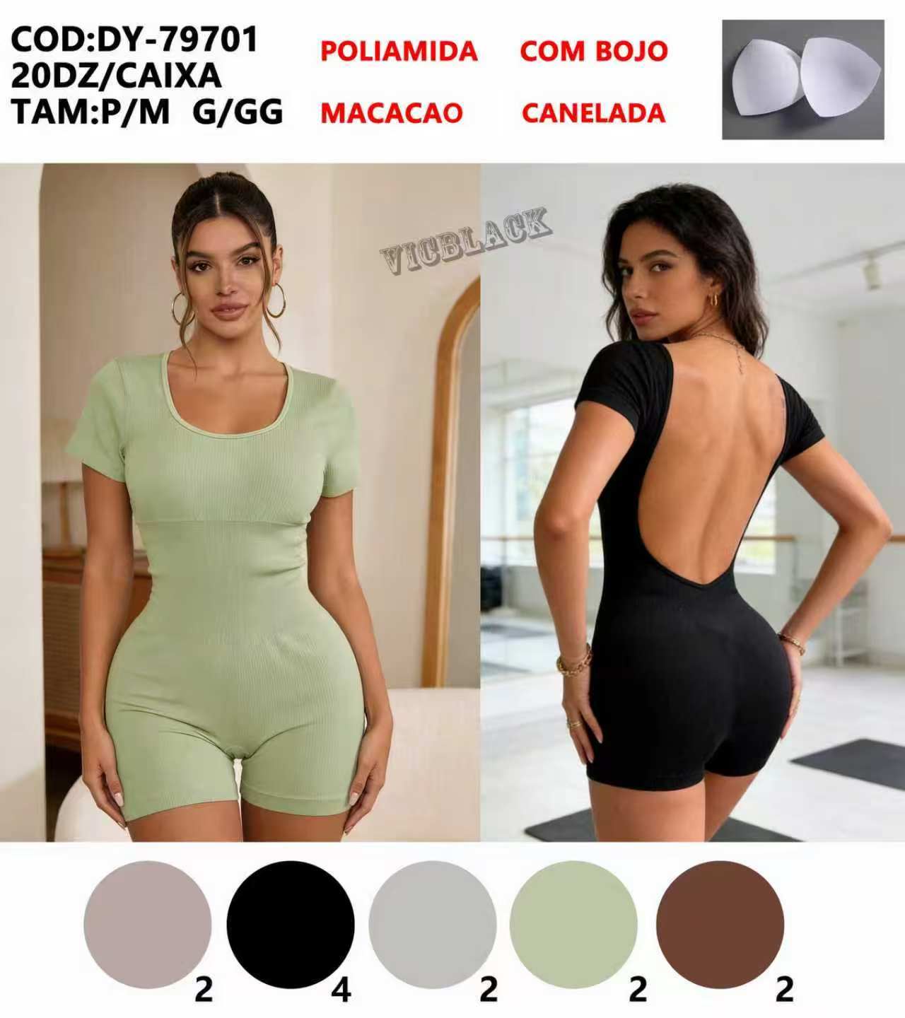Macacao Poliamida Canelada Com Bojo Academia P/M G/GG DY-79701 *Pacote: 45 R$