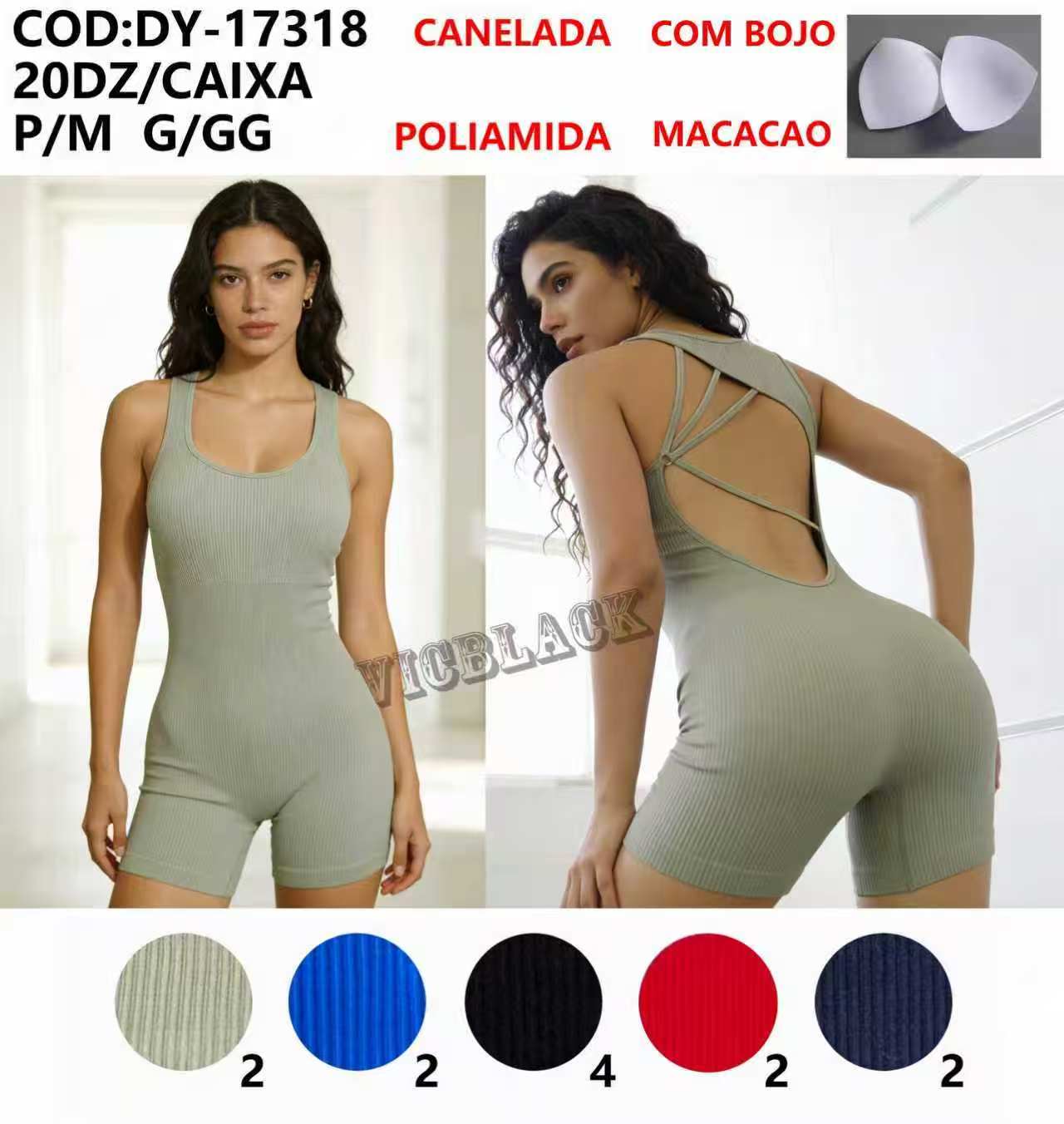 Macacao Poliamida Canelada Com Bojo Academia P/M G/GG DY-17318 *Pacote: 45 R$