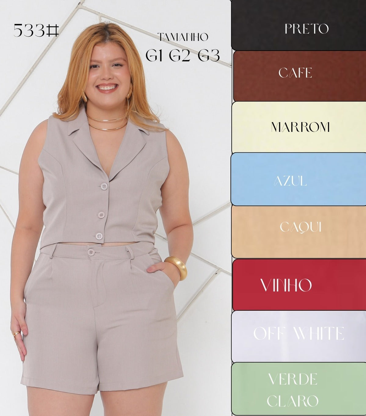 Conjunto Short e Colete Plus Size Twill FF-CON-011-CSS-533 *Pacote: 75 R$ *Atacado: R$ 90