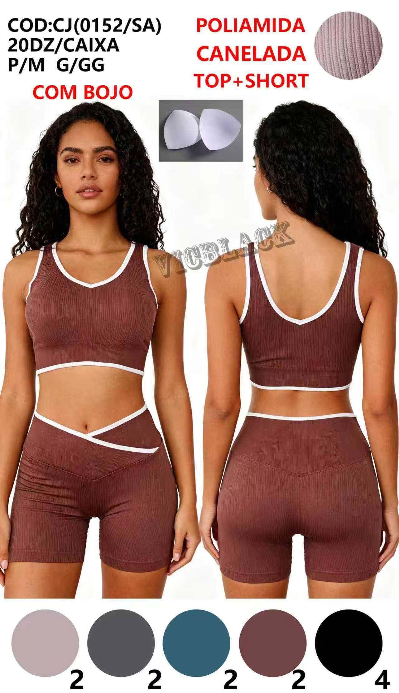 Top+Short Poliamida Canelada Com Bojo Academia P/M G/GG CJ(0152/SA) *Pacote: 55 R$