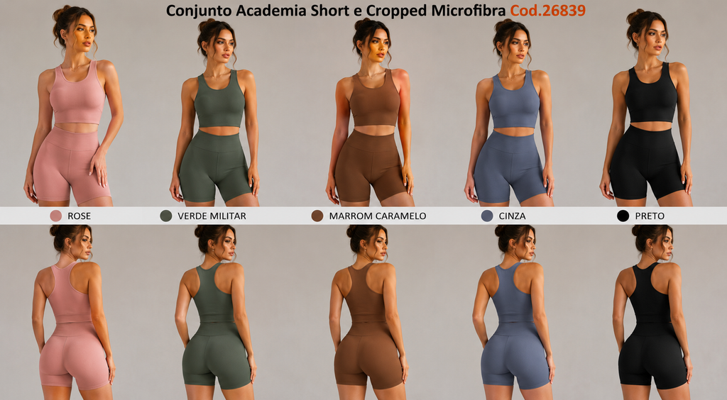 Conjunto Academia Short e Cropped Microfibra Cod.26839 P/M G/GG *Pacote: R$ 28 *Atacado: R$ 38
