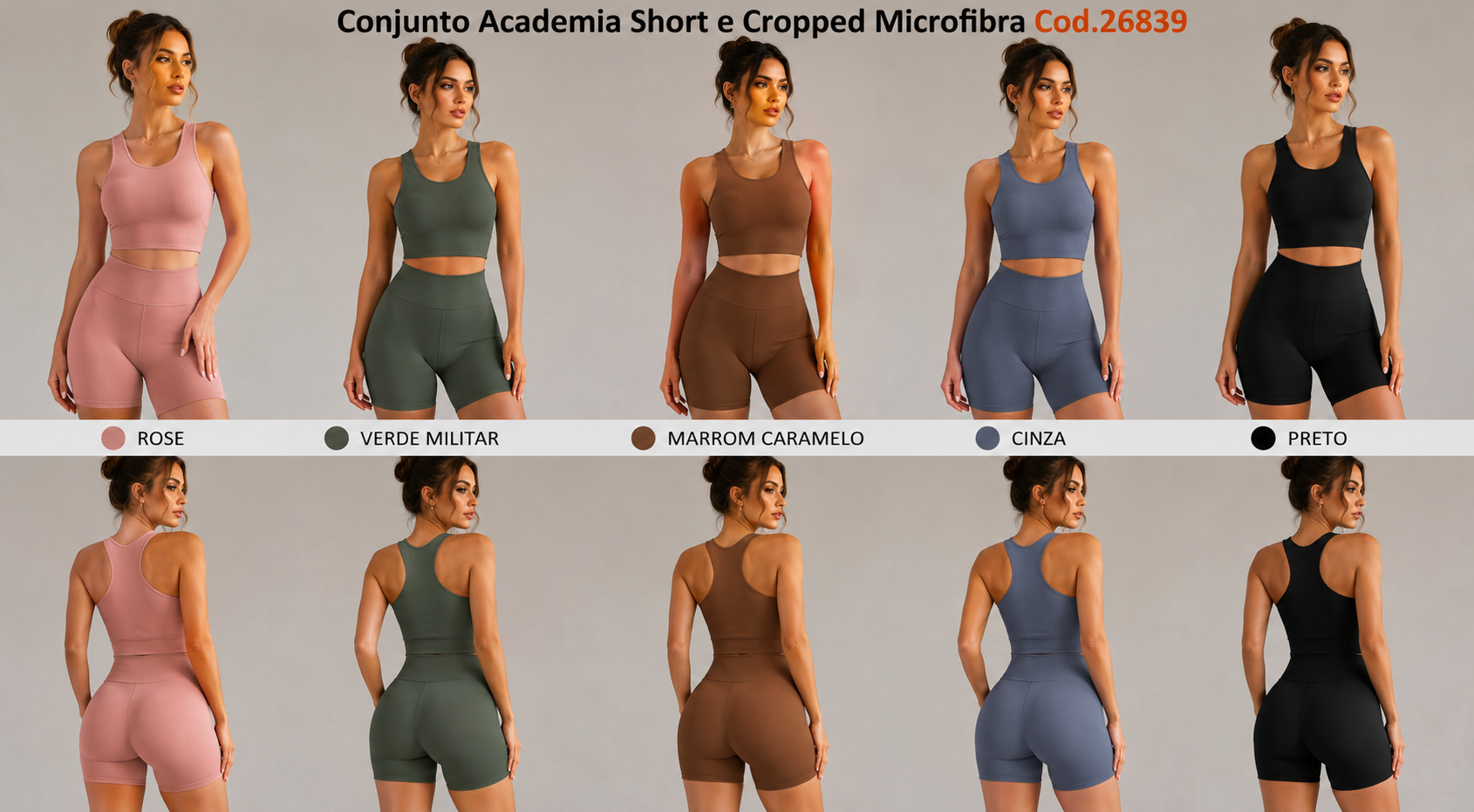 Conjunto Academia Short e Cropped Microfibra Cod.26839 P/M G/GG *Pacote: R$ 28 *Atacado: R$ 38