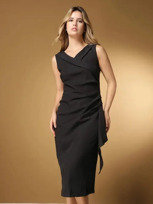 Vestido Midi Drapeado em Alfaiataria XY-467 *Atacado: R$ 83