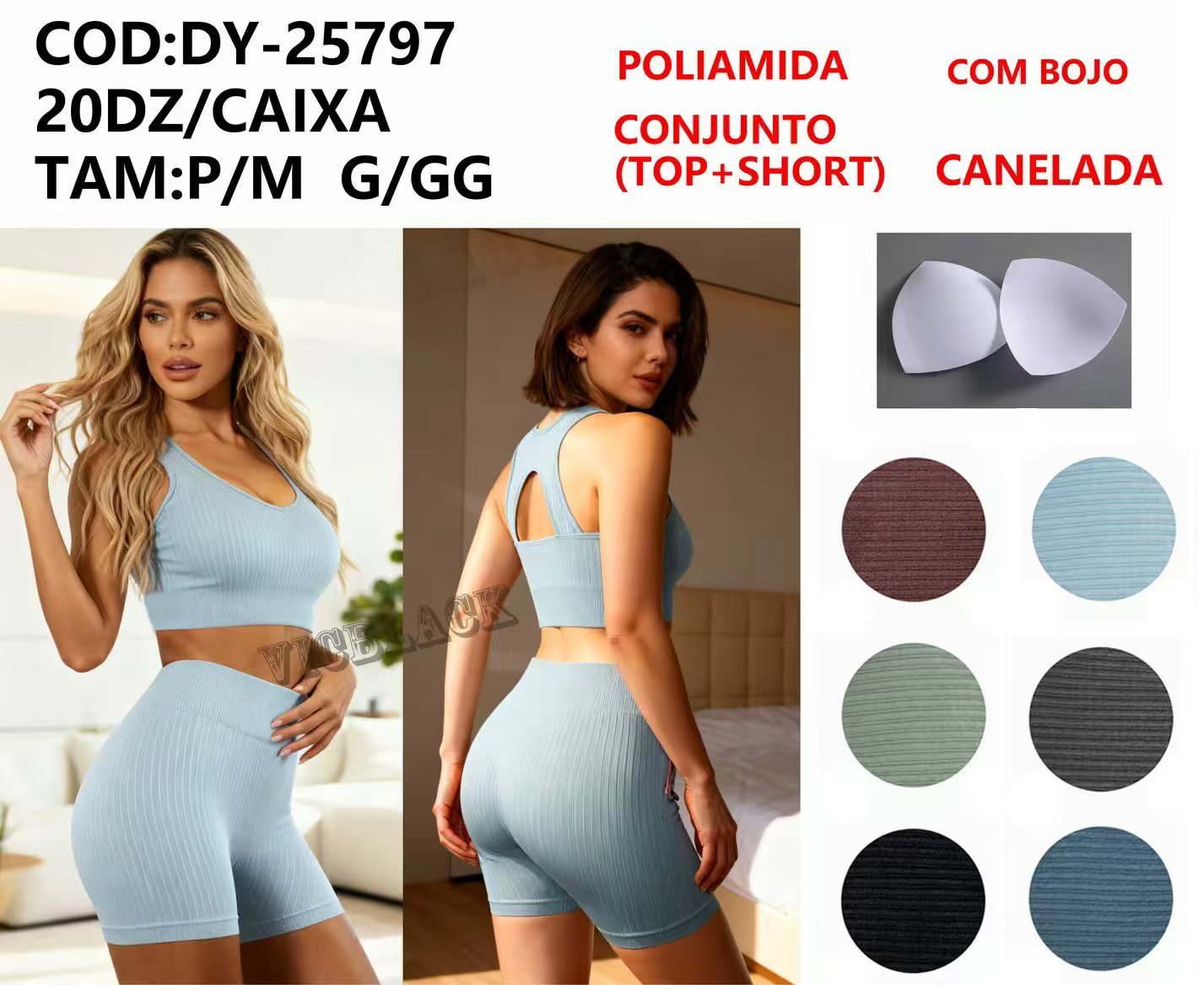 Top+Short Poliamida Com Bojo Canelada Academia P/M G/GG DY-25797 *Pacote: 55 R$