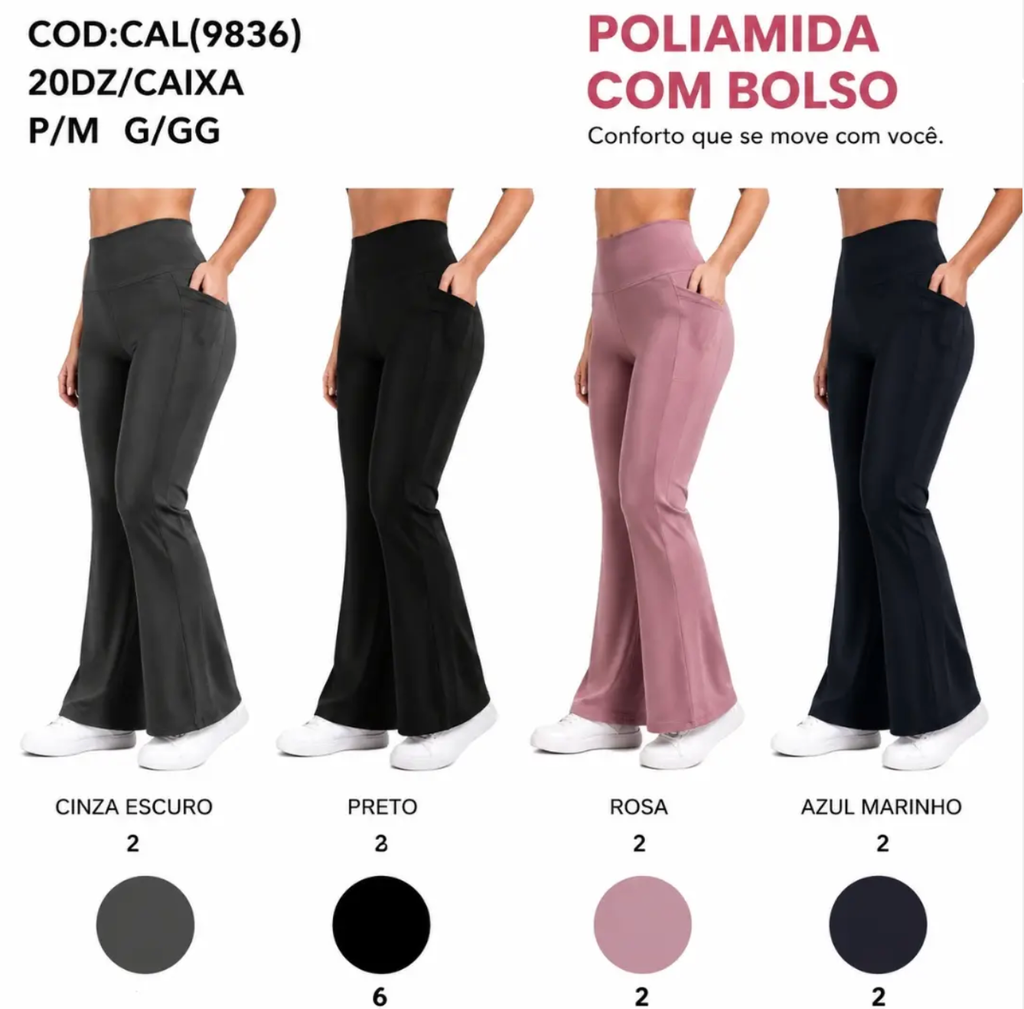 Calça Fler Com Bolso #9836 P/M G/GG Poliamida  Academia *Pacote: R$ 45