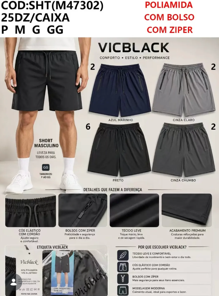 Bermuda Masculina Poliamida Secagem Rápida P M G GG #47302 *Pacote: R$28 *Atacado: R$35