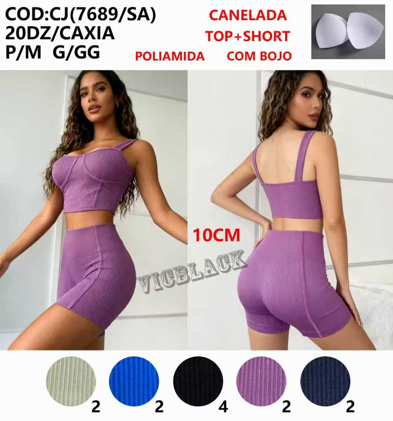 Top+Short Poliamida Com Bojo Canelada Academia P/M G/GG CJ(7689/SA) *Pacote: 55 R$