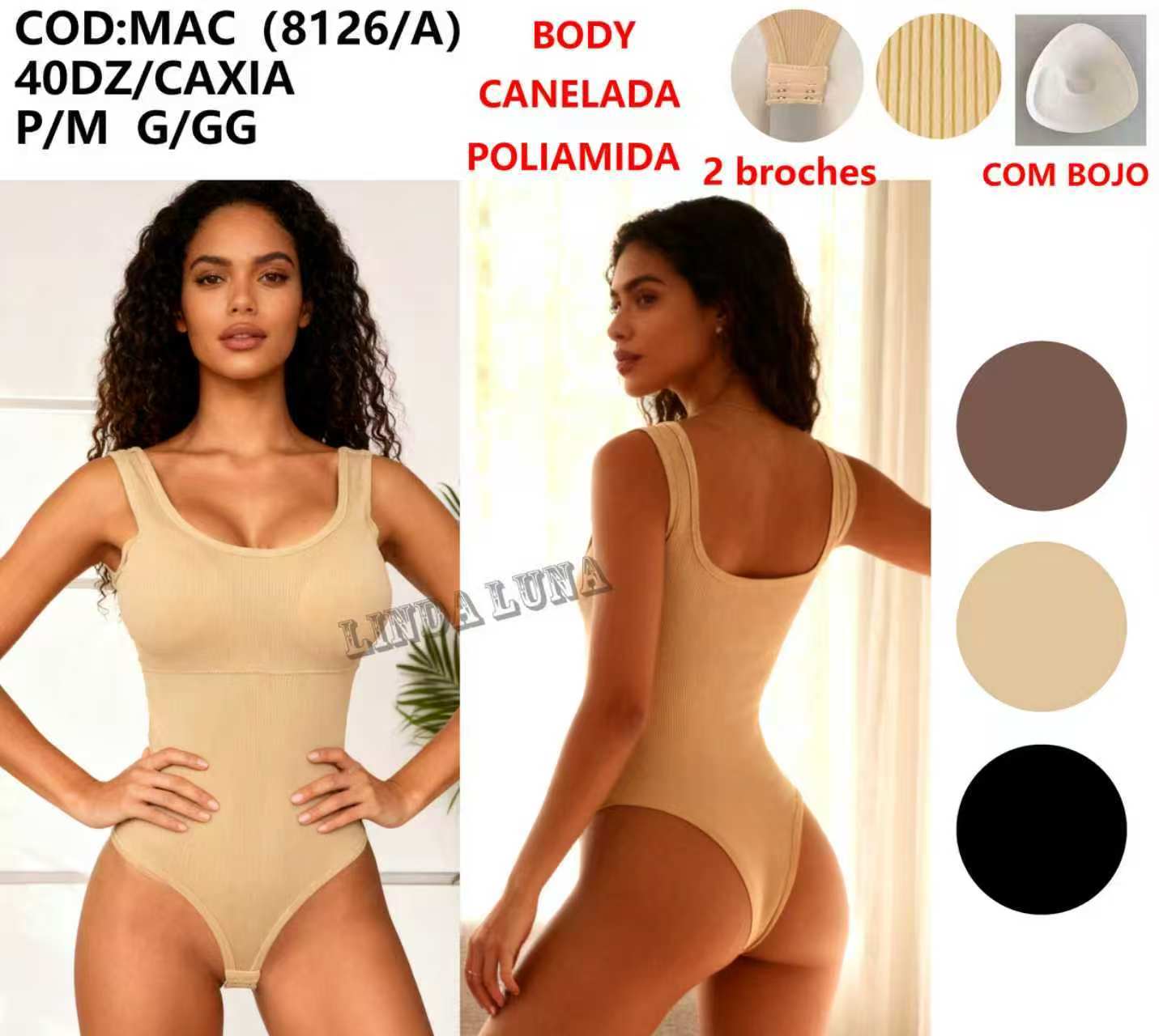 Body Canelada 2 Broches Com Bojo Poliamida Academia P/M G/GG MAC (8126/A) *Pacote: 30 R$