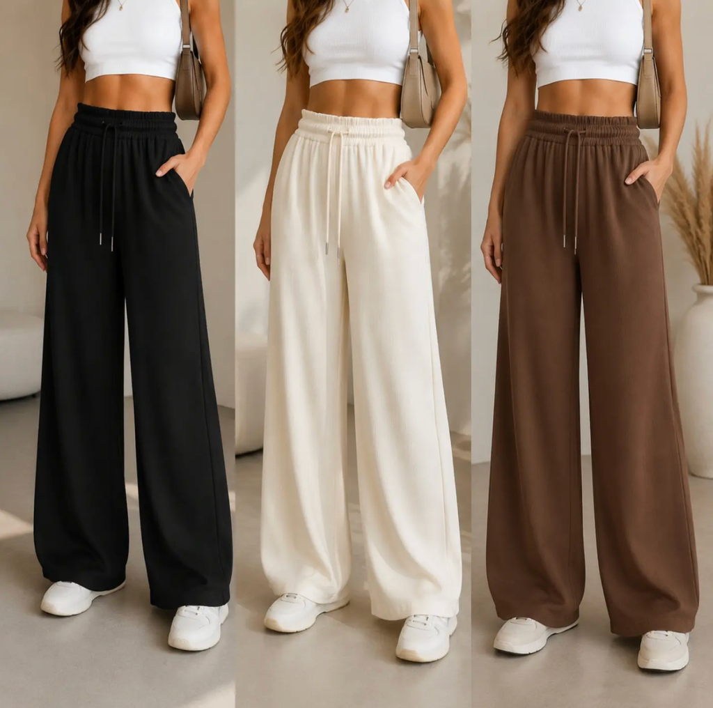 Calça Pantalona Canelada Malha Fria P/M G GG #F5001*Pacote: R$ 45 *Atacado: R$ 55