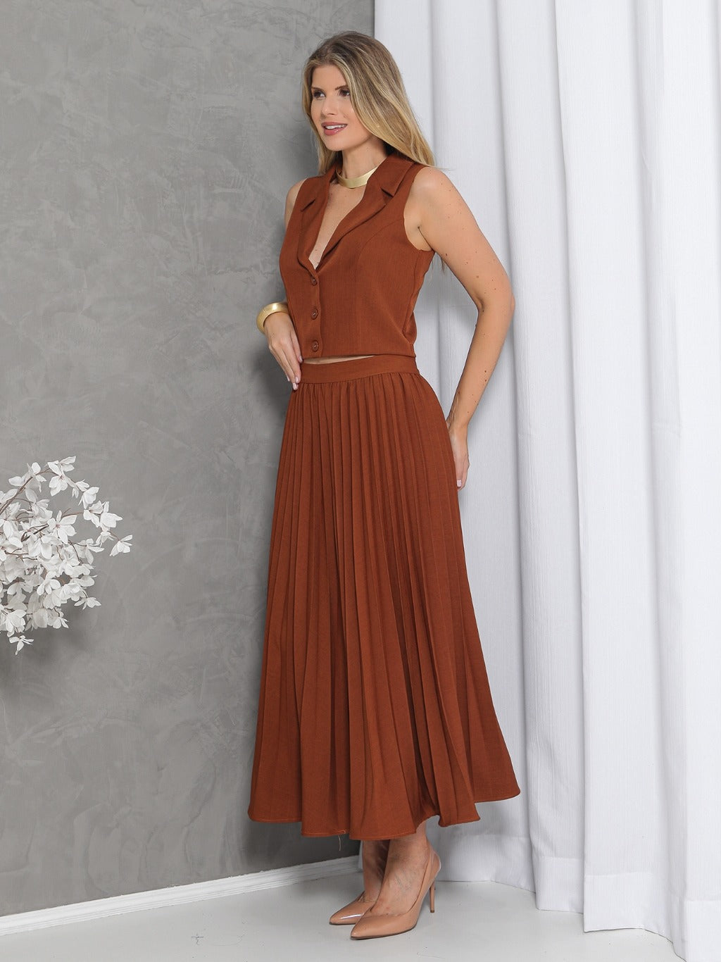 Conjunto Colete e Saia Plissado Alfaiataria Luis Twill FF-CON-079-CSS-528 *Pacote: R$ 95 *Atacado: R$ 130