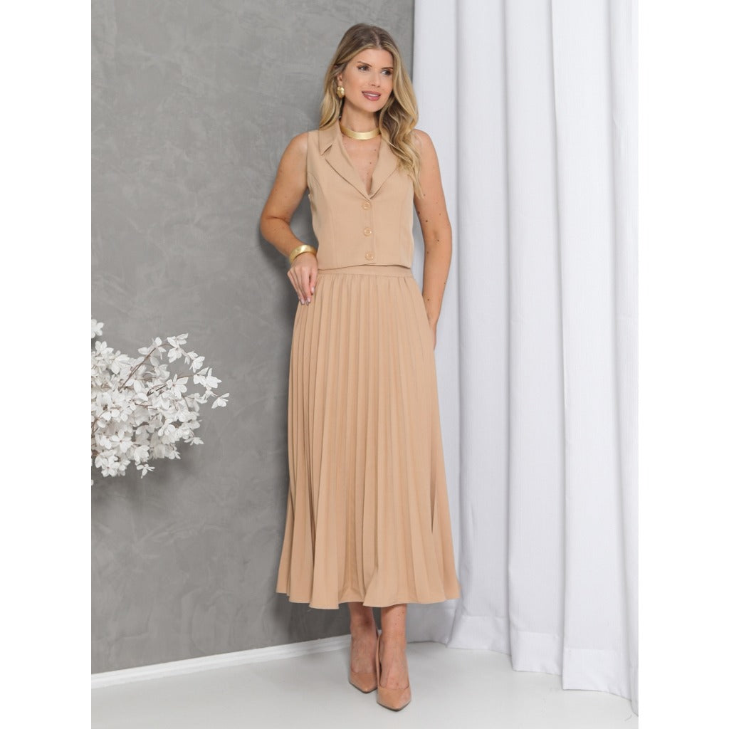 Conjunto Colete e Saia Plissado Alfaiataria Luis Twill FF-CON-079-CSS-528 *Pacote: R$ 95 *Atacado: R$ 130
