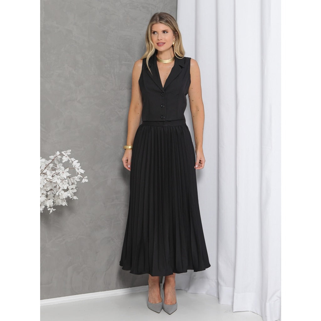 Conjunto Colete e Saia Plissado Alfaiataria Luis Twill FF-CON-079-CSS-528 *Pacote: R$ 95 *Atacado: R$ 130