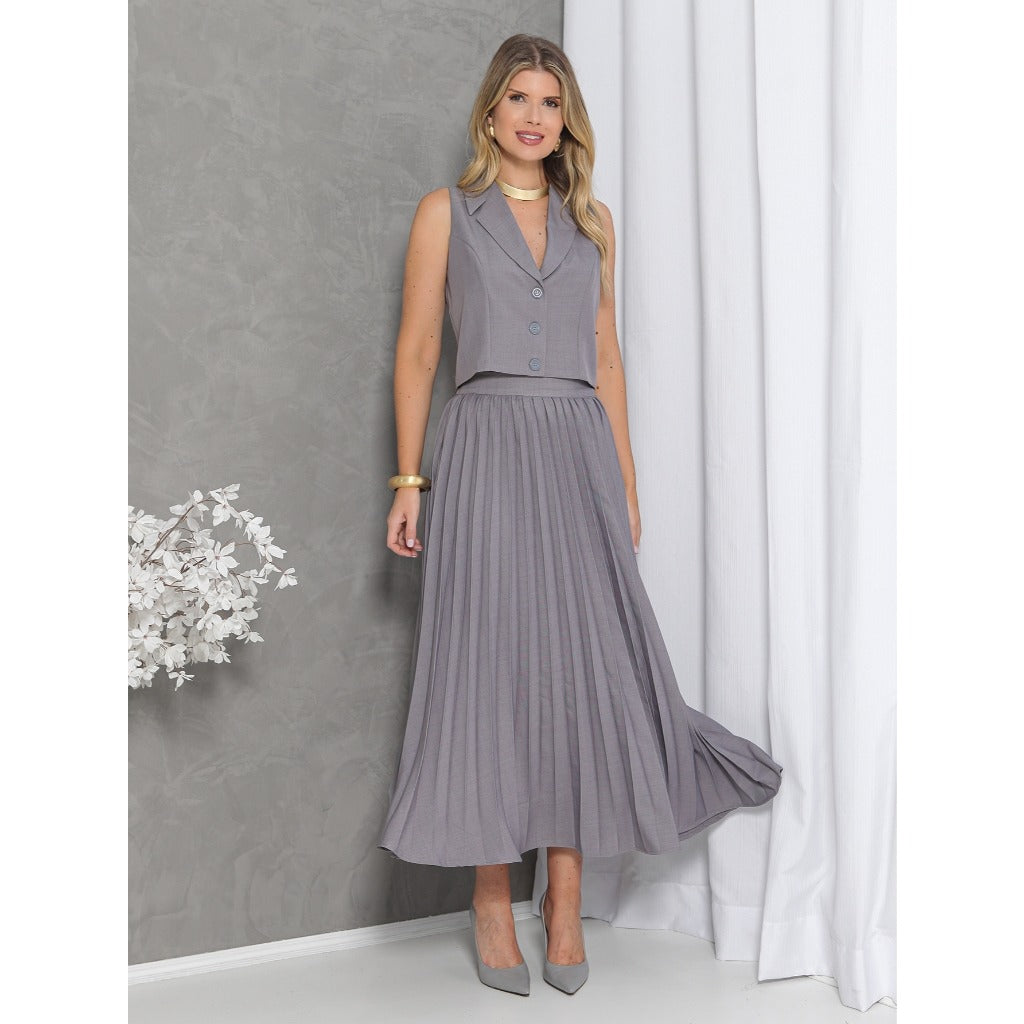 Conjunto Colete e Saia Plissado Alfaiataria Luis Twill FF-CON-079-CSS-528 *Pacote: R$ 95 *Atacado: R$ 130