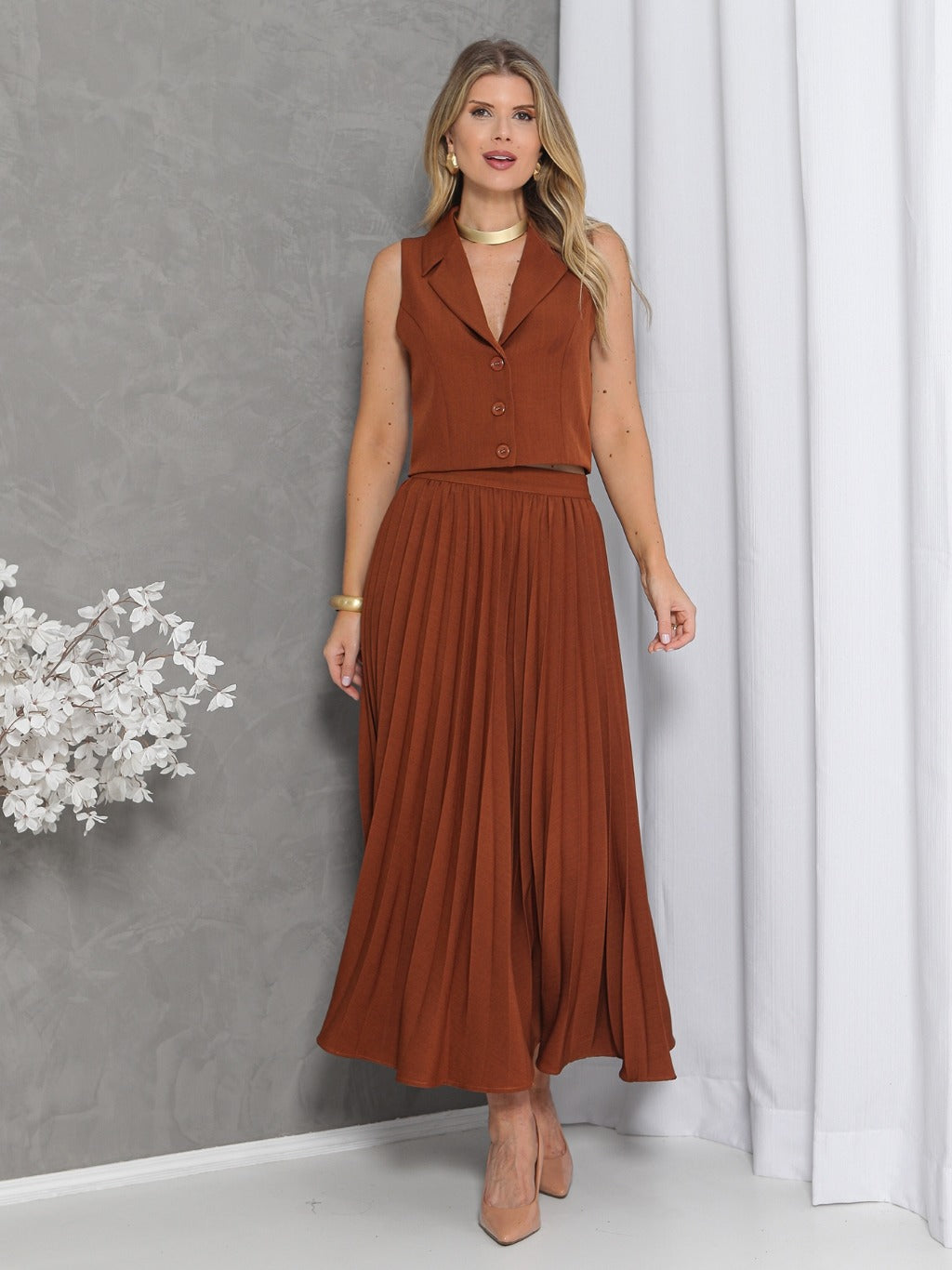 Conjunto Colete e Saia Plissado Alfaiataria Luis Twill FF-CON-079-CSS-528 *Pacote: R$ 95 *Atacado: R$ 130